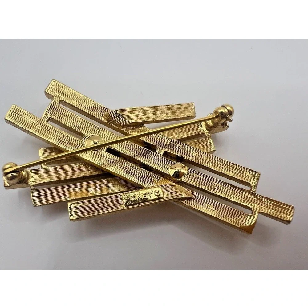 Monet Gold Brooch Abstract‎ Textured Bars Modernist Pin Vintage Signed Statement